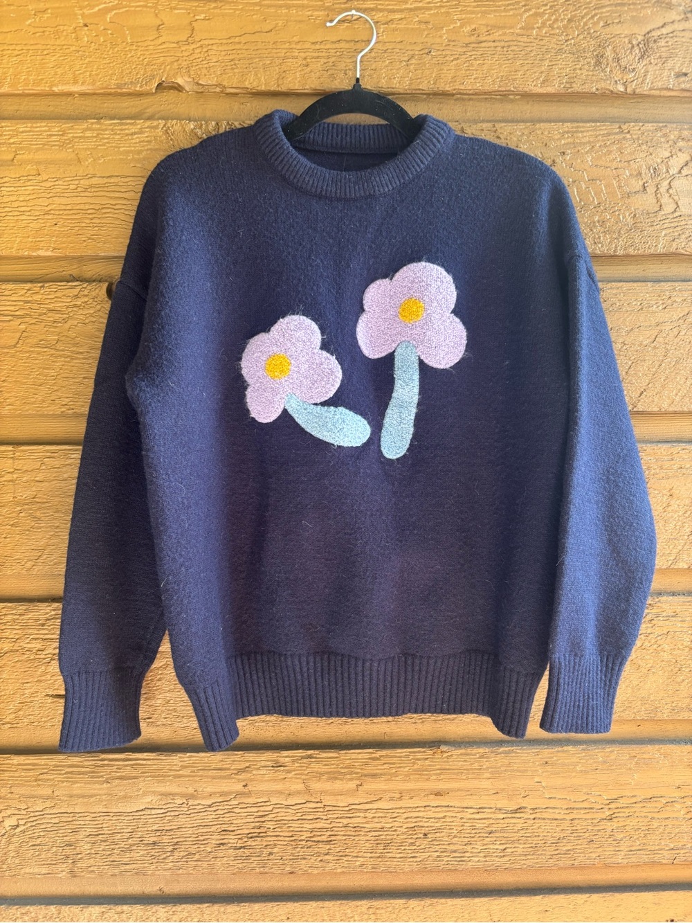 Women’s Navy Sweater with Purpoe Flower Appliqué